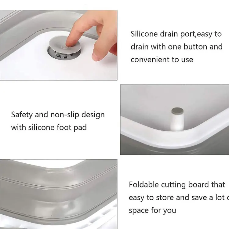 Multifunctional Kitchen Vegetable Wash Basket Silicone Dish Tub Foldable Storage Basin  with Strainer Foldable Cutting Board