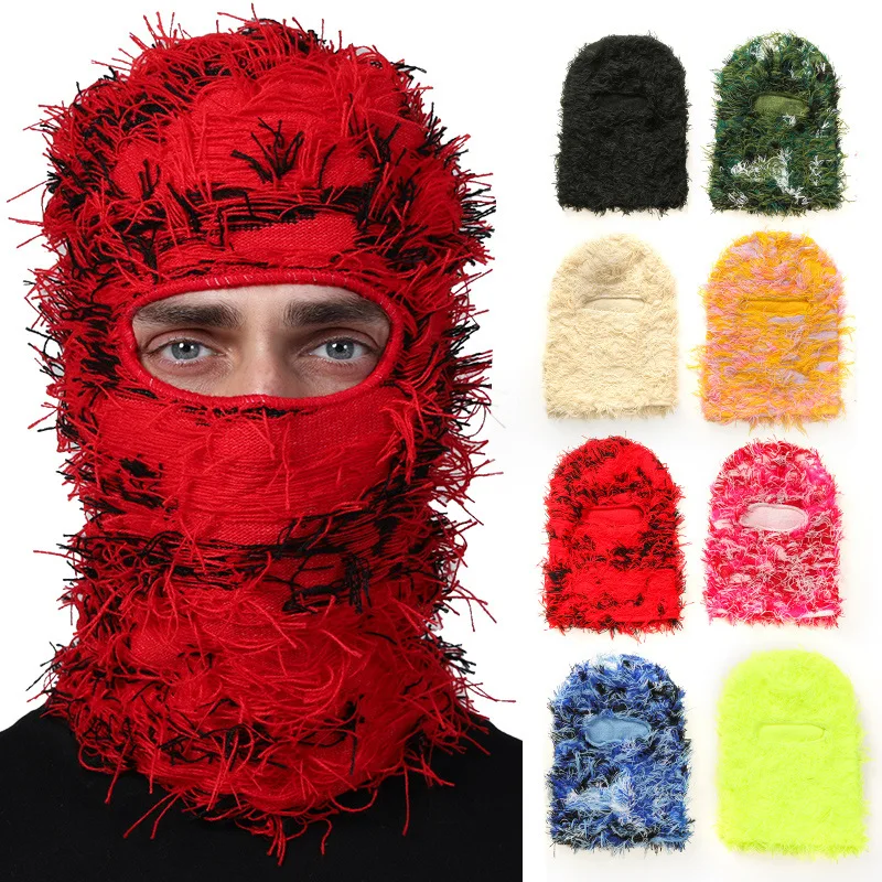 2023 Hot Sale Wholesale One Hole Knit Full Face Cover Ski Mask Custom Distressed Fuzzy Grassy Balaclava For Ski
