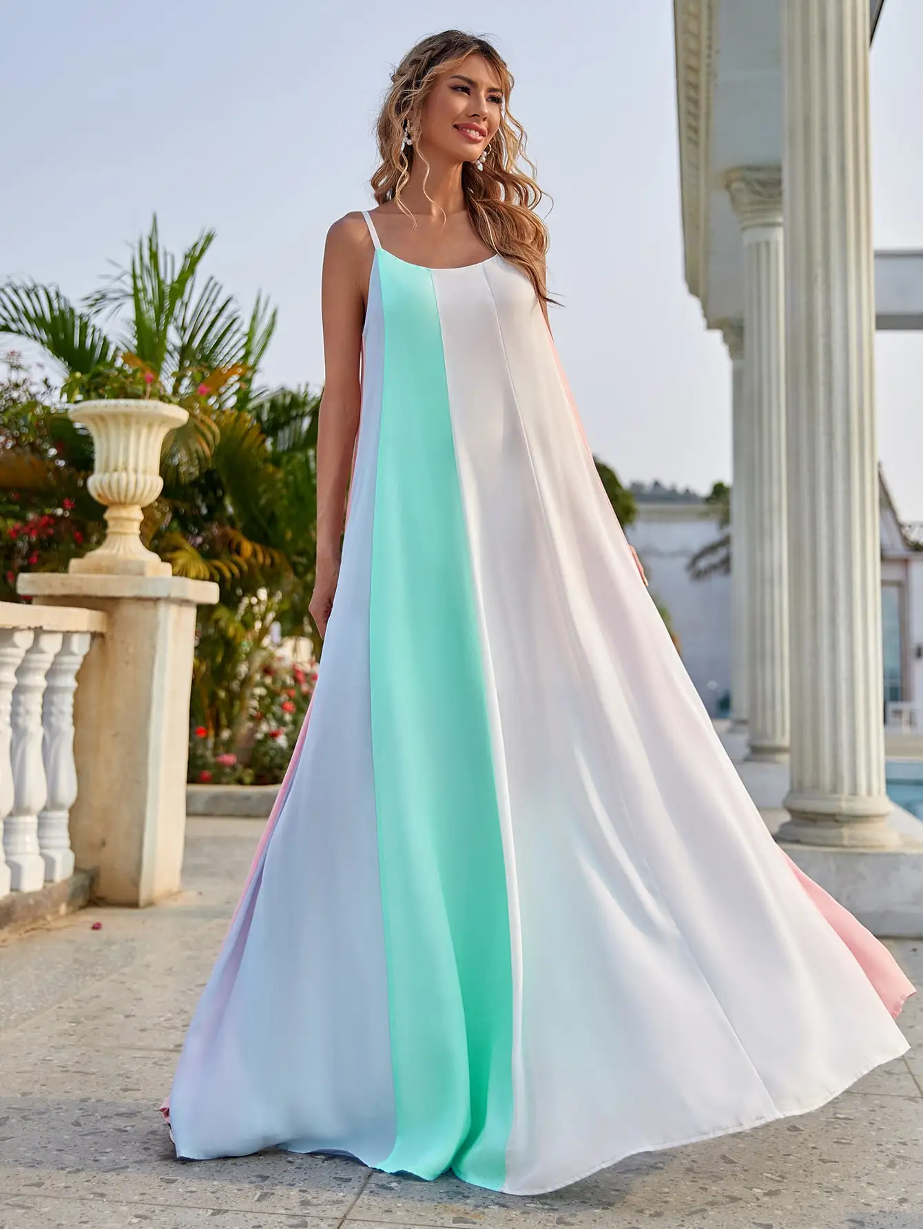 2021 Factory new designs elegant causal sexy mom women ladies summer Color Block plus size  Maxi Cami dresses