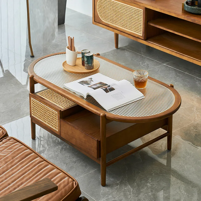 Dreamhause Japanese-style Creative Living Room Solid Wood Glass Coffee Table Homestay Apartment Tea Table with Drawer