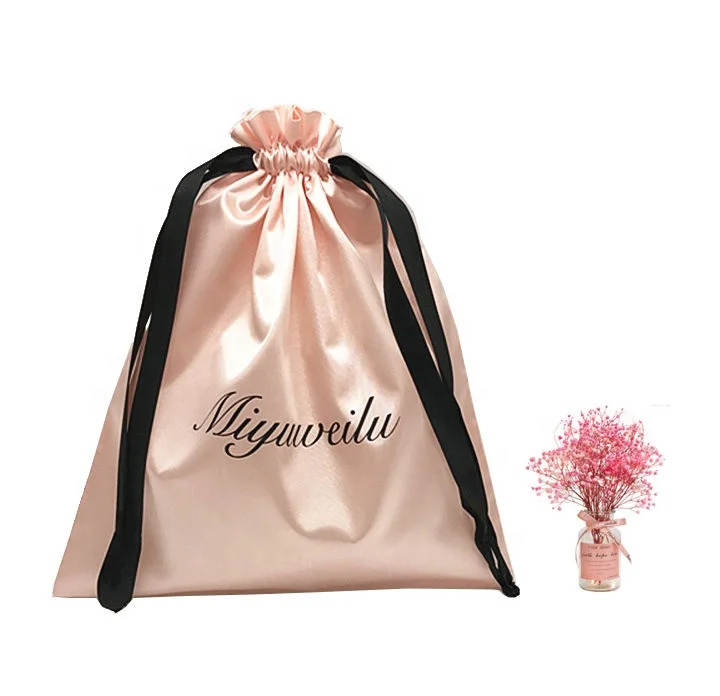 Luxury pink Silk Satin Drawstring Bundle Dust Hair Extension Pouch   Bag Jewelry Underwear dust bag with Logo
