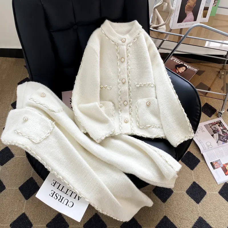 2023 Autumn Winter Elegant Thick Ensemble Femme 2 Pieces Vintage Sweet Suits Knitted Two Piece Sets Womens Outifits