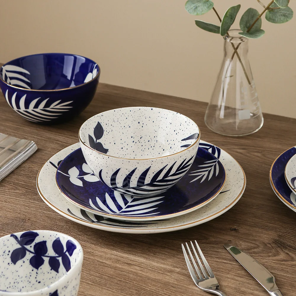 Vintage Leaf Pattern Blue Dining Ceramic Plates and Bowls Dinnerware Dishes Set Porcelain Dinner Set