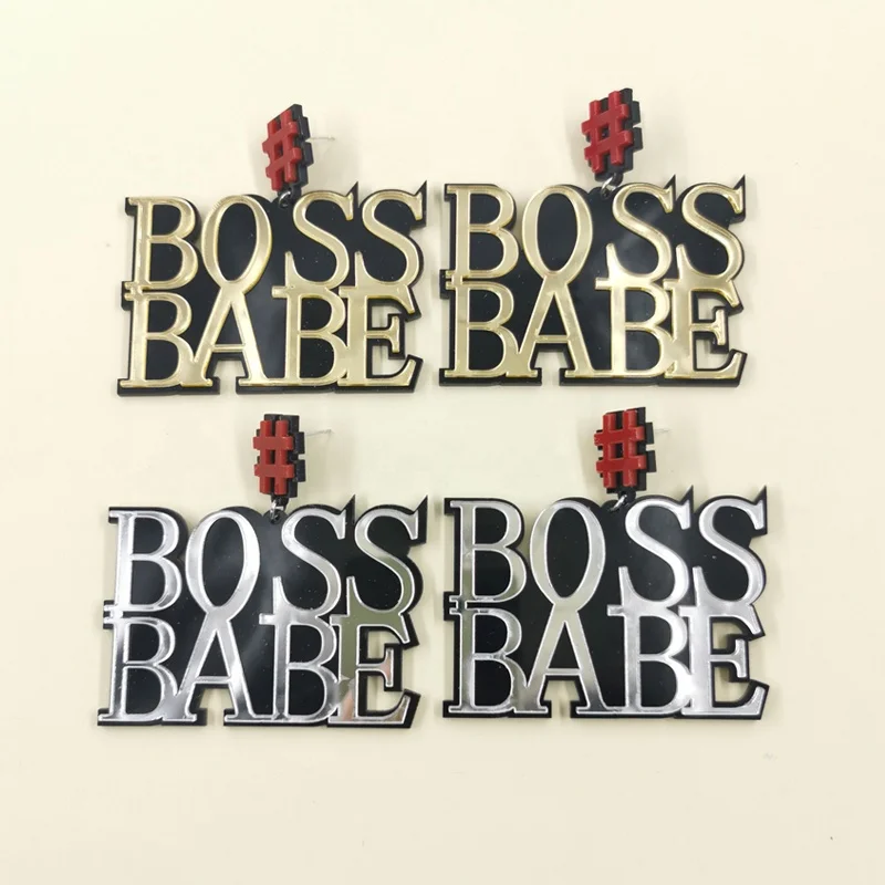 2020 Korean punk acrylic mirror BOSS BABE English letters drop earrings for women party jewelry wholesale