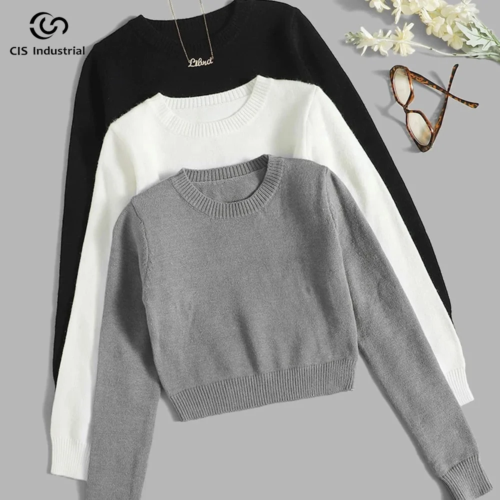 Wholesale womens fall sweaters short rib knitting crop top custom logo design sweater grey o-neck long sleeve knit wool top