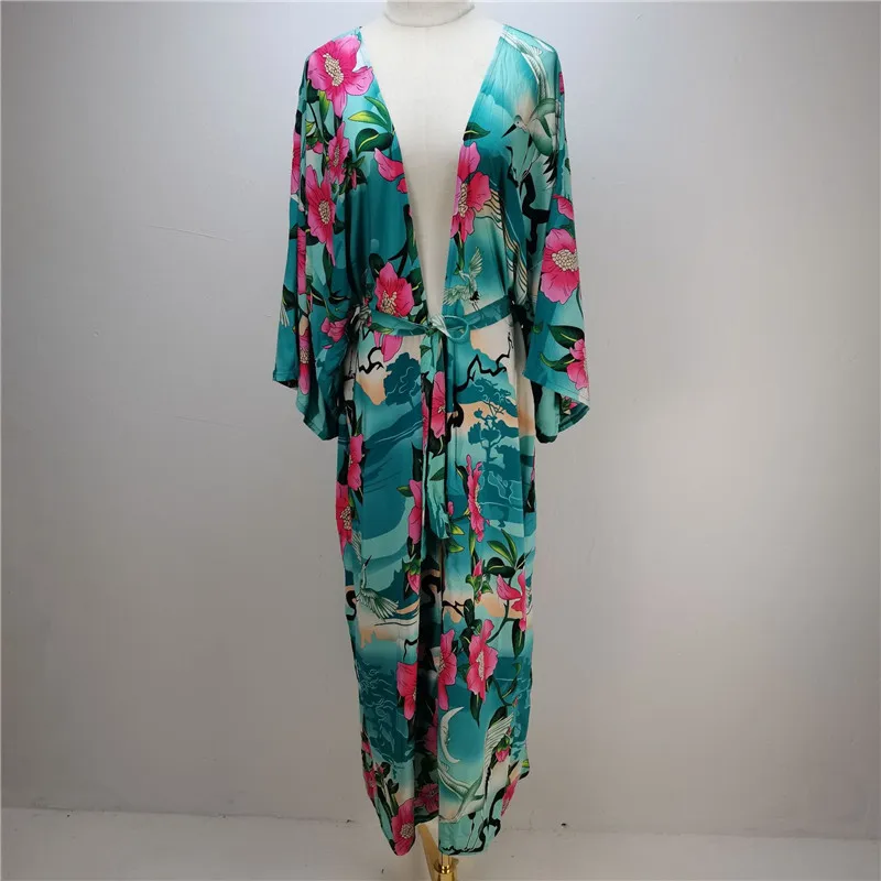 2021 New Arrivals V-neck Long sleeve Japan Style Women Beach Dress Floral Printed Kimono