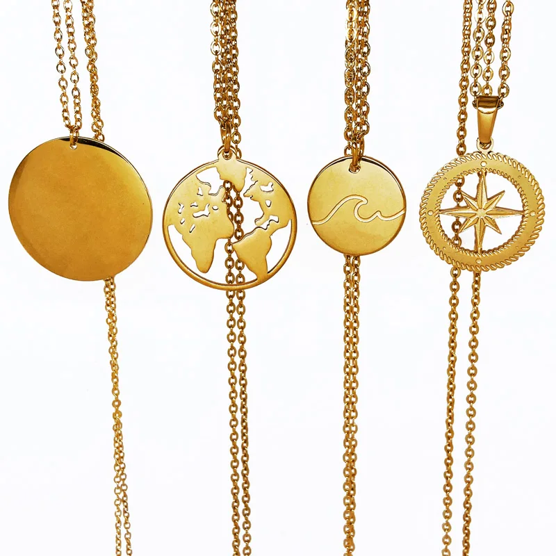 Изящное ожерелье «океанская волна» женское круглое колье из нержавеющей стали с монетами и диском золотой шар 18 карат карта подвеска для путешествий ювелирные изделия компасом
