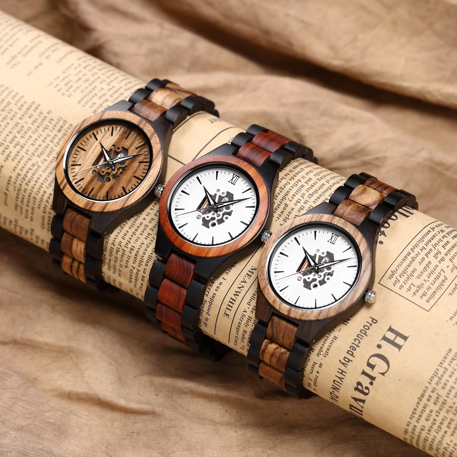 Customization logo luxury waterproof  engraving men skeleton automatic wooden watch