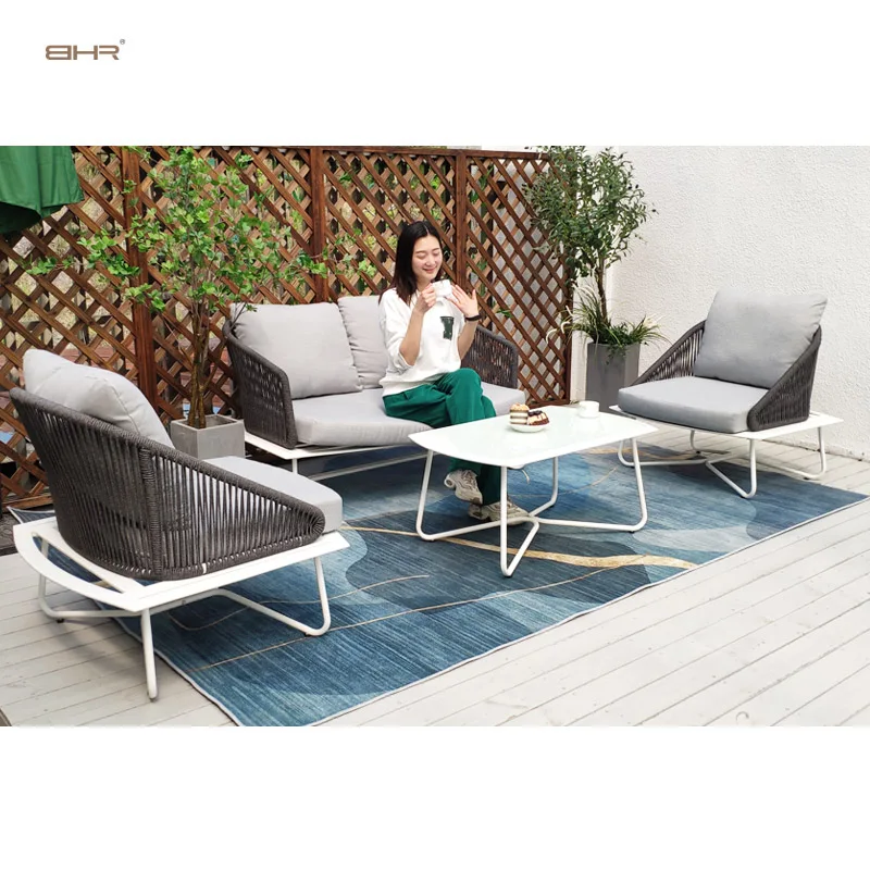 BHR Factory wholesale rope furniture outdoor waterproof garden sofa set with cushion