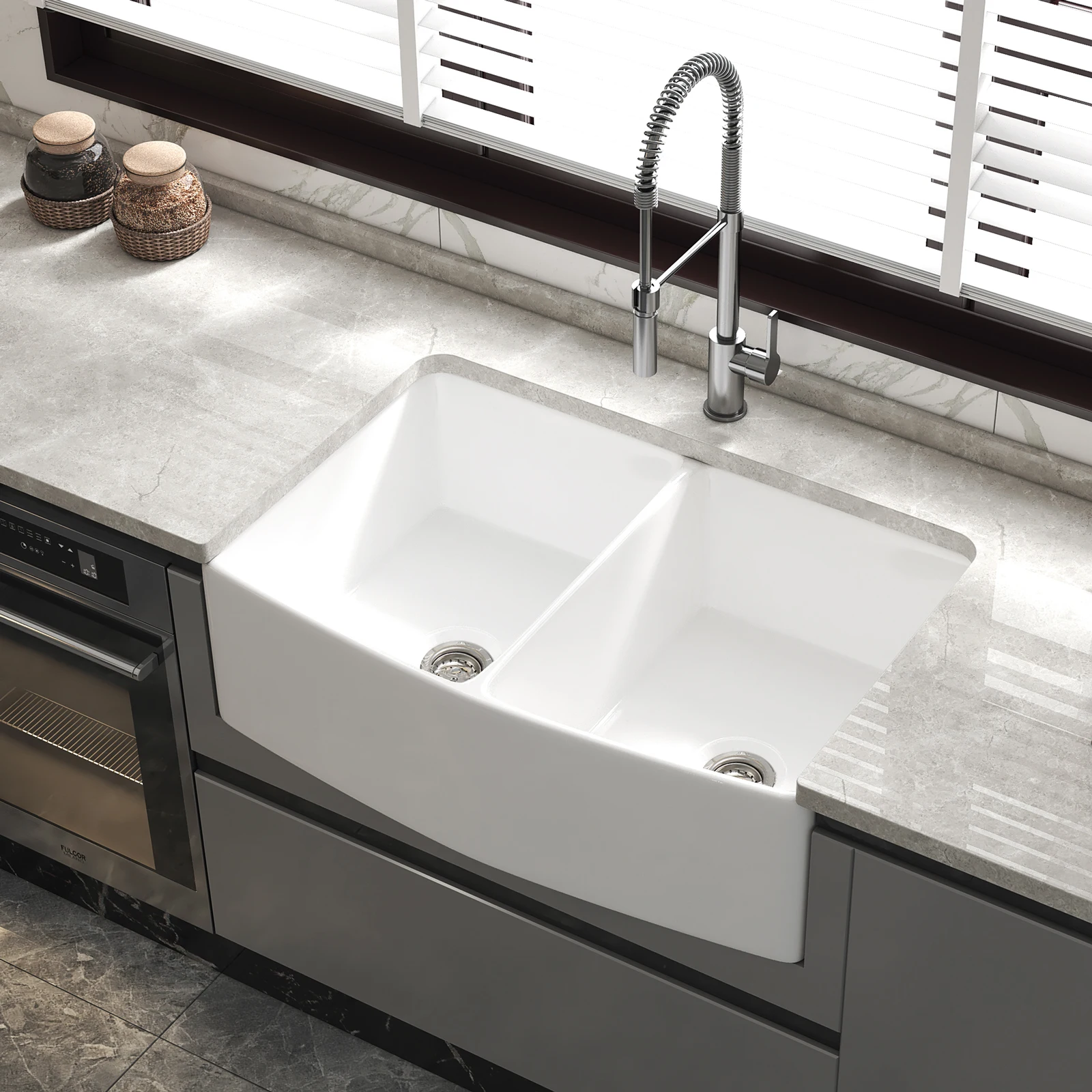 Joynfortune 2023 chaozhou factory modern design fireclay wholesale white ceramic apron front double bowl farmhouse kitchen sink