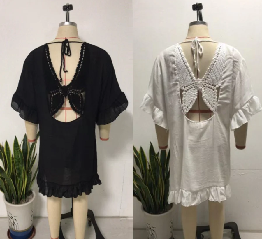 Back Tunic Linen Beach Caftan Swimwear Cover Ups STOCK Two Colors V-NECK Ruffle Hem Crochet