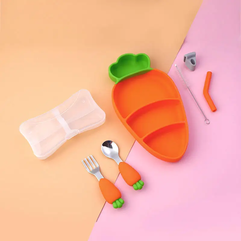 Silicone carrot shape Bibs sucter plates divided Baby Feed fork spoon tableware Sets for Kids child