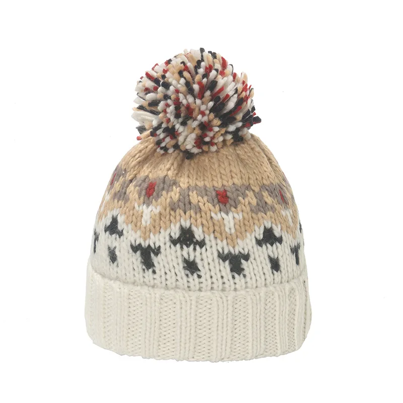 New Custom Knitted Thick Rope Winter Beanies Wholesale Jacquard Vintage Mohair Pom Pom Warm Hat For Unisex