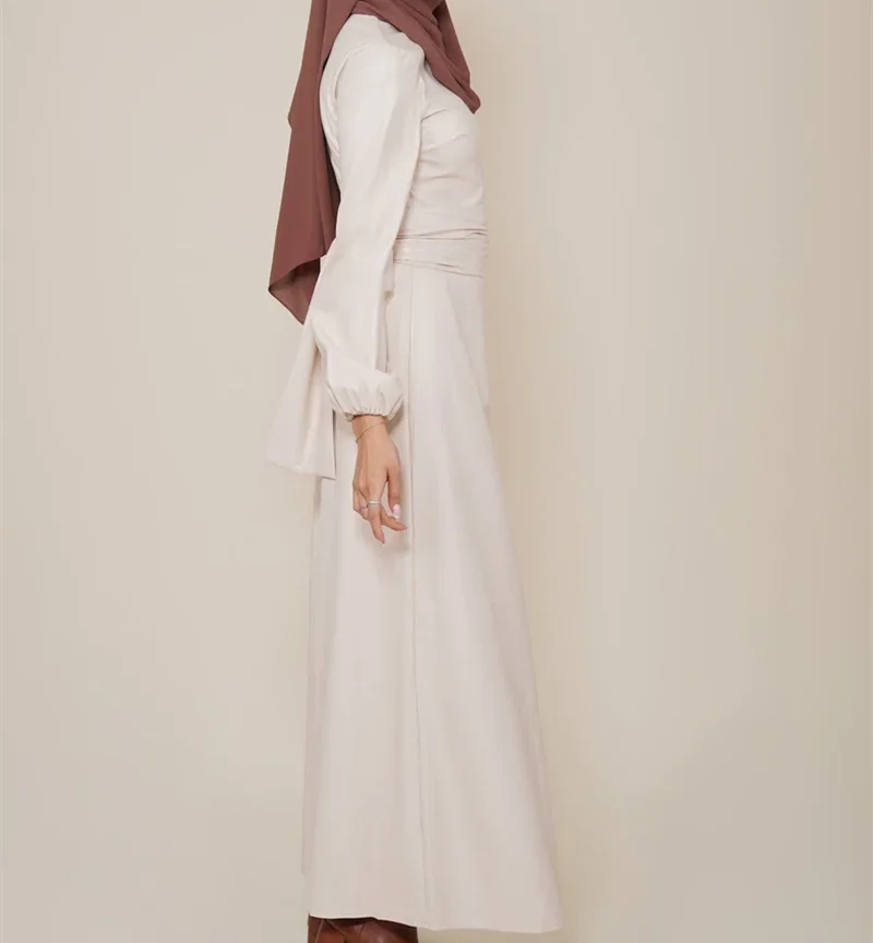 2023 Ssica New Designs High Quality Muslim Abaya Maxi Dress Belted Leather Dress Islamic Clothing  Winter Abaya For Women