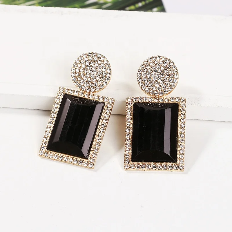 Wholesale Fashion Glass Dangle Earrings For Women Shiny Rhinestone Square Pendant Drop Ear Jewelry Girl Gifts