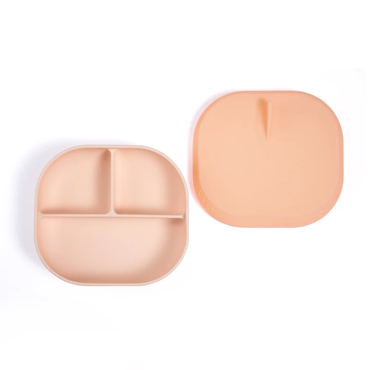 
BPA Free Toddler Kids Children Divided Toddler Dinner Feeding Plate Silicone Baby Suction Plate with Lid 