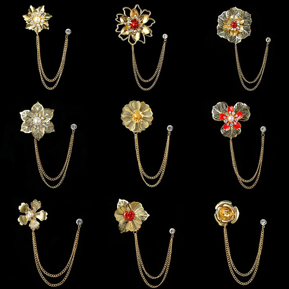 Wholesale Men Bulk Flower Lapel Pin With Chain Custom Gold Lapel Pin Brooches For Men Suit Accessories