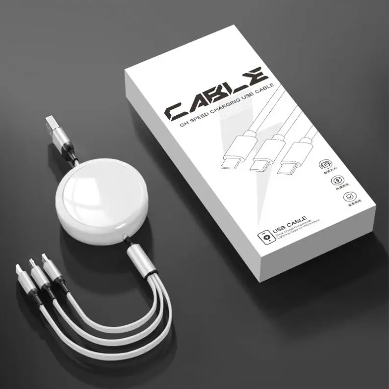 Hot sell retractable 3 in 1 fast charging type-c micro usb cable 120CM 3A TPE flat multi charger cable for iphone