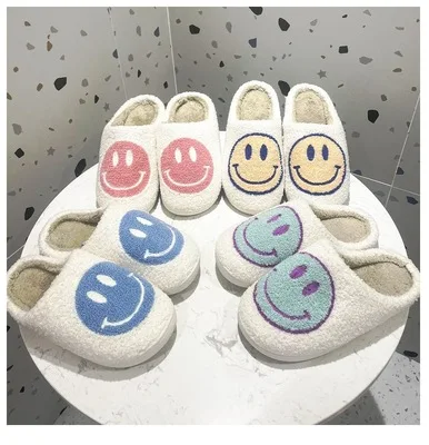 2022 Hot Sale Microterry Fashionable Fluffy Comfortable Happy Face Smiley face Home slippers for women Lady