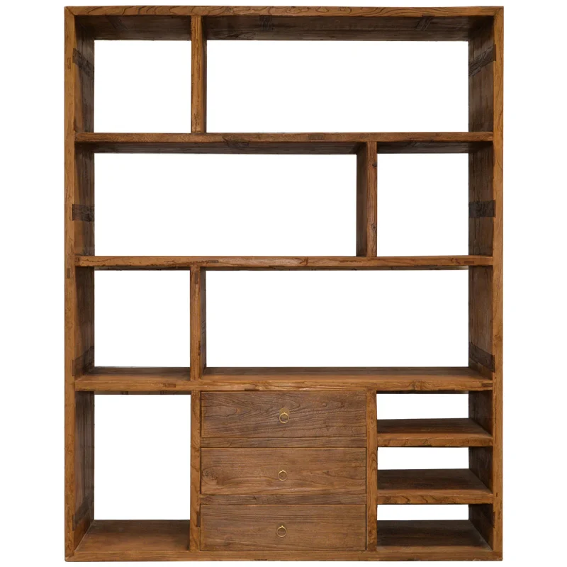Chinese Antique Recycle Solid Elm Wood Rustic Natural Shelf Bookcase