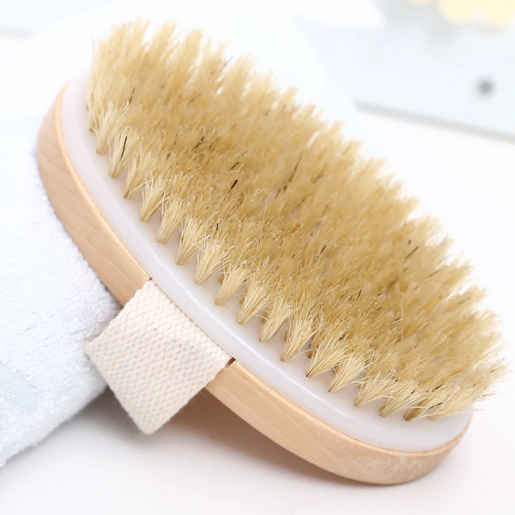 Wooden Natural Bristle Dry Skin Bath Body Brush With Hand Band For Nice Grip