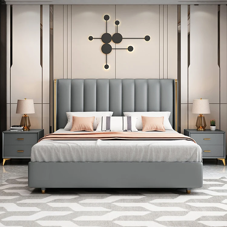 Comfortable leather upholstered luxury queen king designer bed sets room furniture