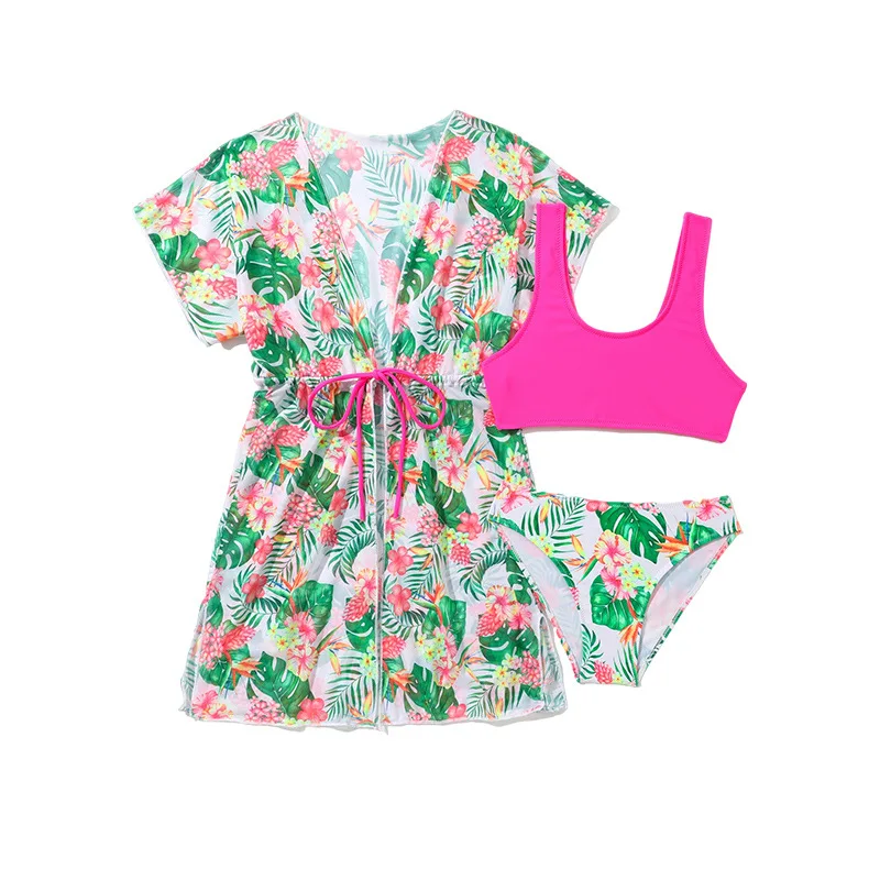 Swimsuit Kids Girl Flower Print Swimsuit Child Girl Baby 3 Pcs Set Long Sleeve Swimsuits + Tank Top + Bikini Thong