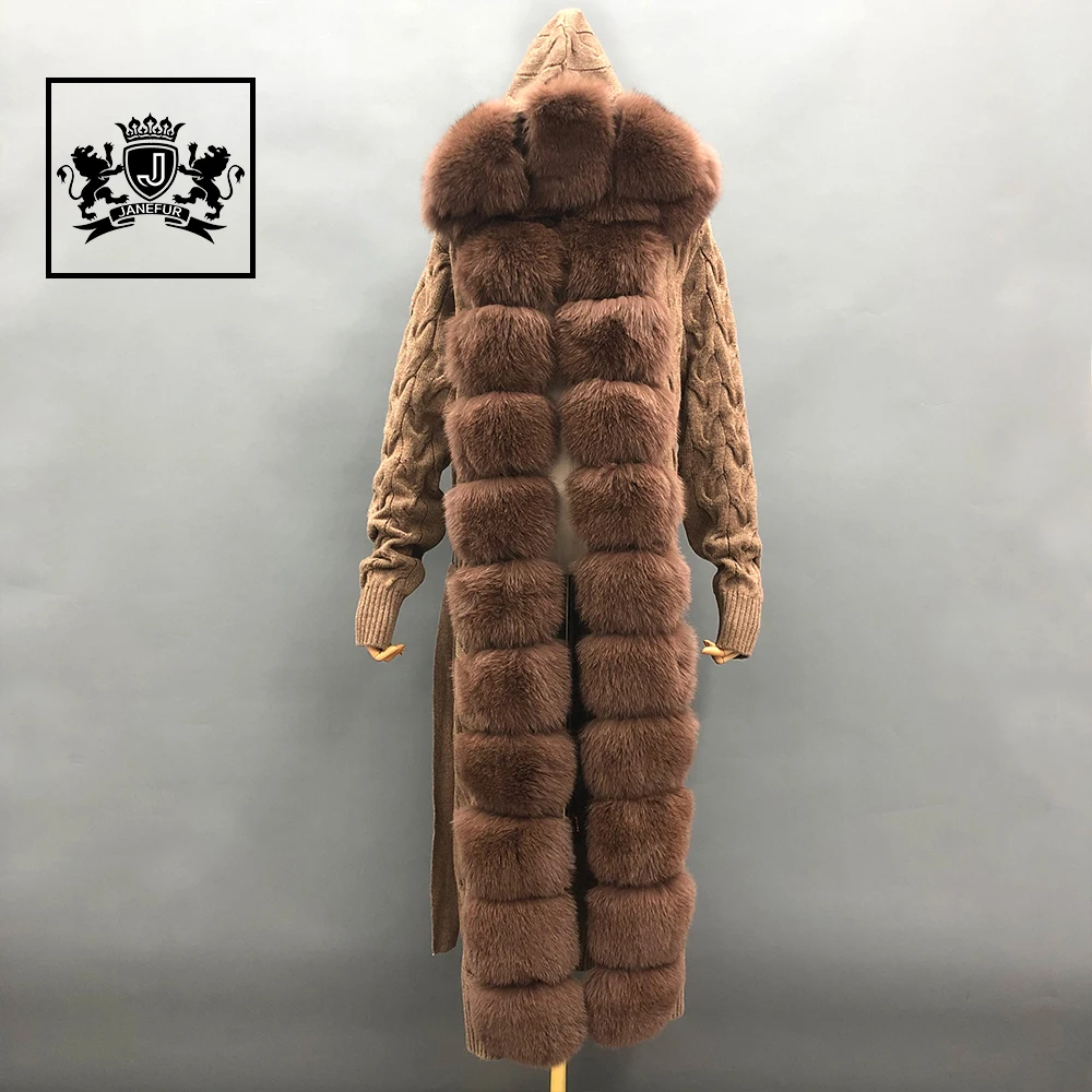 Long Ankle Length Women Knitted Cashmere Cardigan With Real Fox Fur Collar