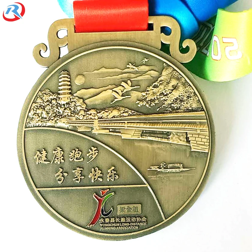 wholesale custom logo high quality antique gold plating award sports metal medal with ribbon