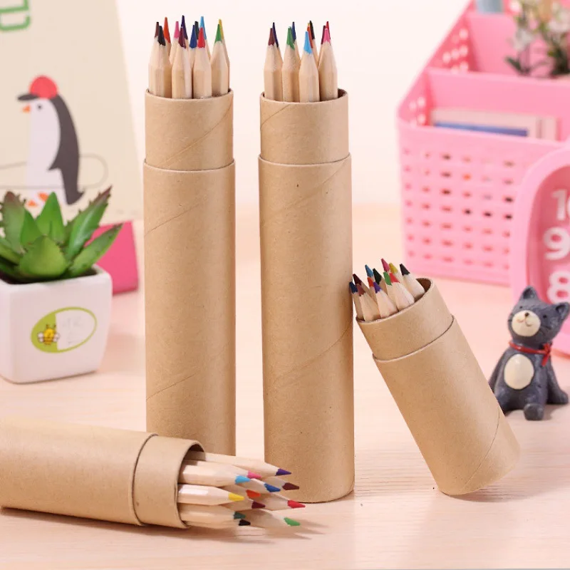 OEM 12 pcs natural wooden rainbow color kids colouring pencils drawing set and mini Paper Colored Pencils