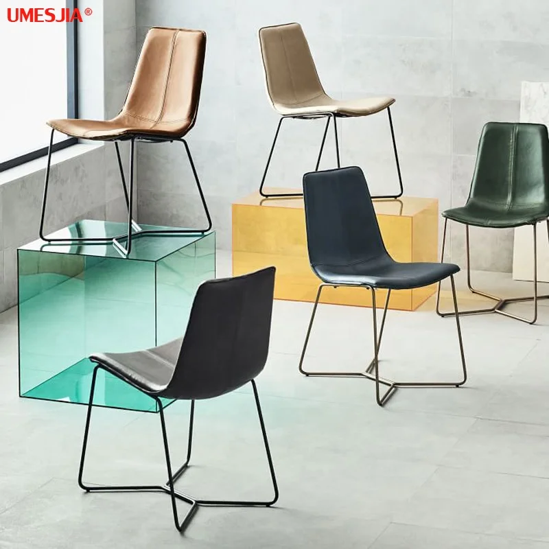 Modern Dining Room Furniture Slope Dining Chair  Upholstered full genuine Leather Stainless steel legs