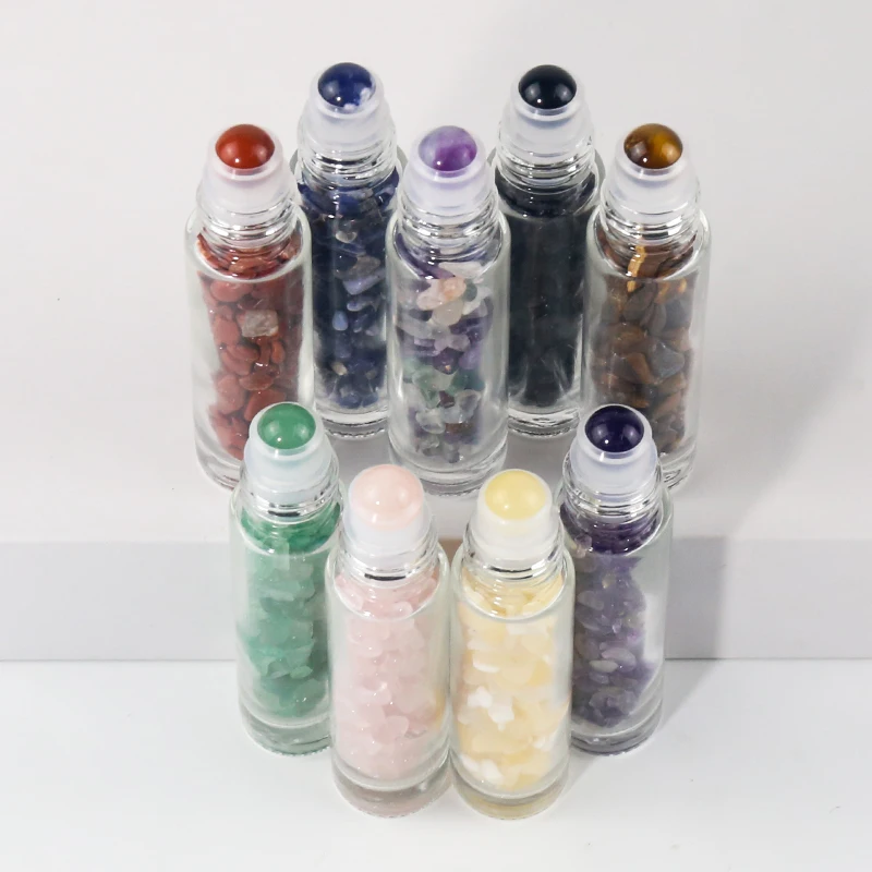 Clear Glass Roller Bottles 10ml Gemstone Essential Oil Roller Bottles with Silver Aluminum Cap and Crystal Stone Roller Balls