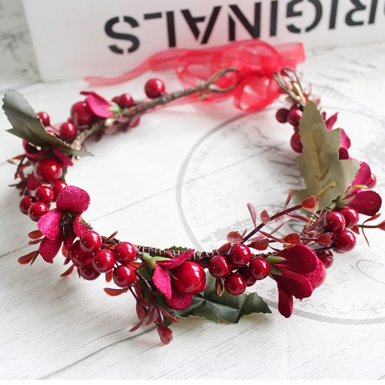 2905E custom red floral crown red berry hair ring party festival flower headband christmas crown