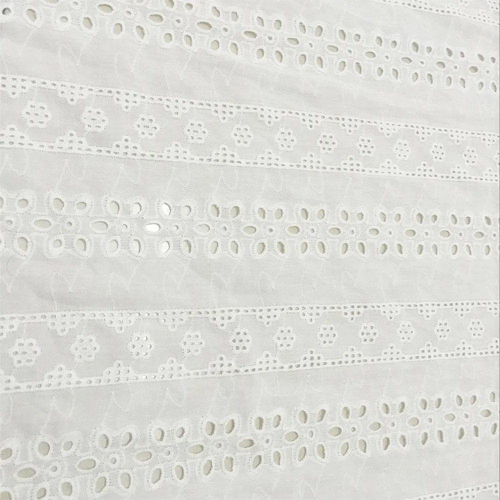 Wholesale Supplier Rice White Hollow Out Embroidery Cotton Eyelet Fabric 100% Pure Cotton Embroidery Fabric