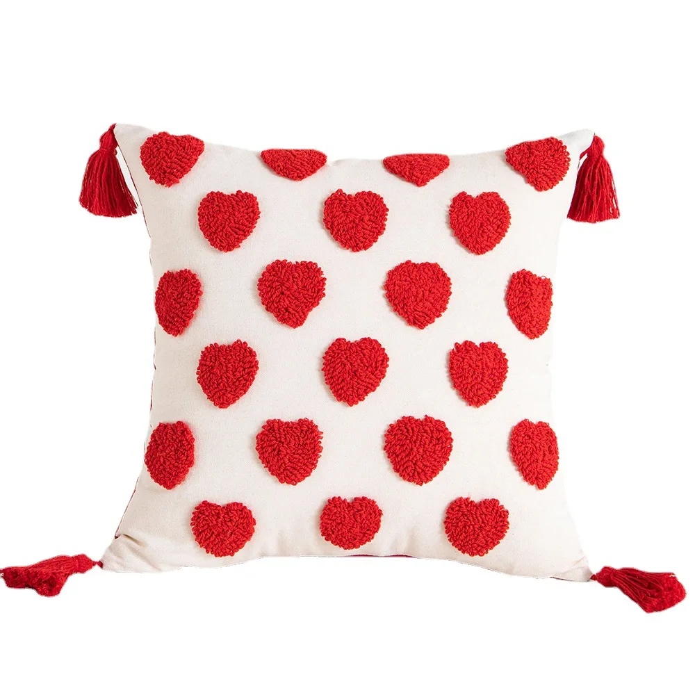 Valentines Pillow Cover Love Heart Red White Throw Pillow Cover Heart Home Bed Sofa Tufted Embroidery Punch Needle Pillow Case