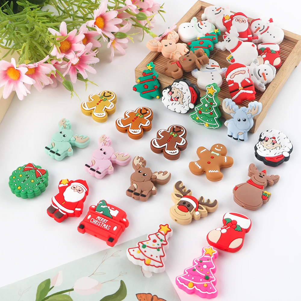 Wholesale Food Grade Beads DIY Pacifier Chain Accessories Baby Teething Charms Christmas Old Man Boots Tree SIlicone Focal Beads