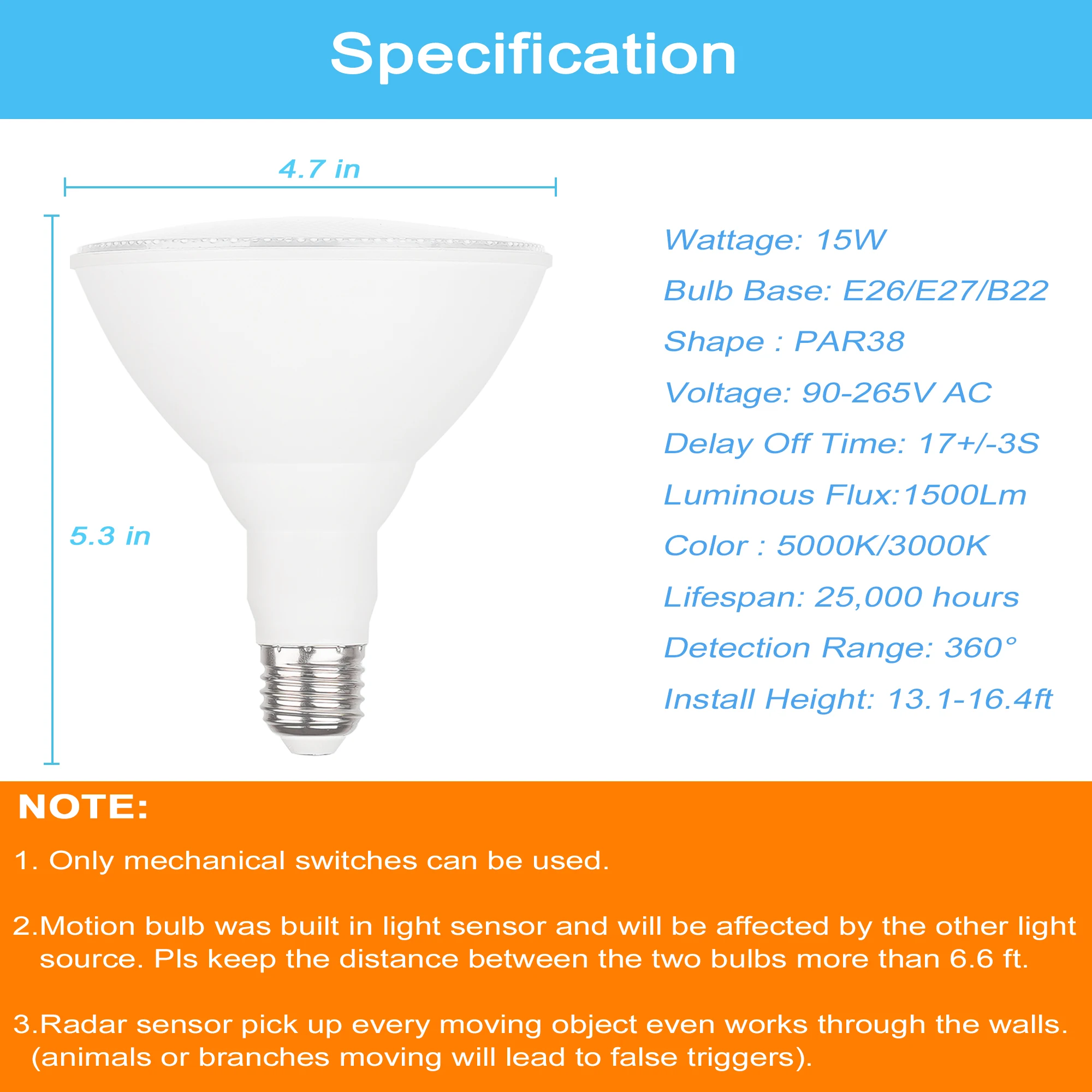 3000K 5000K radar motion sensor dusk to dawn LED bulbs for home parking lot