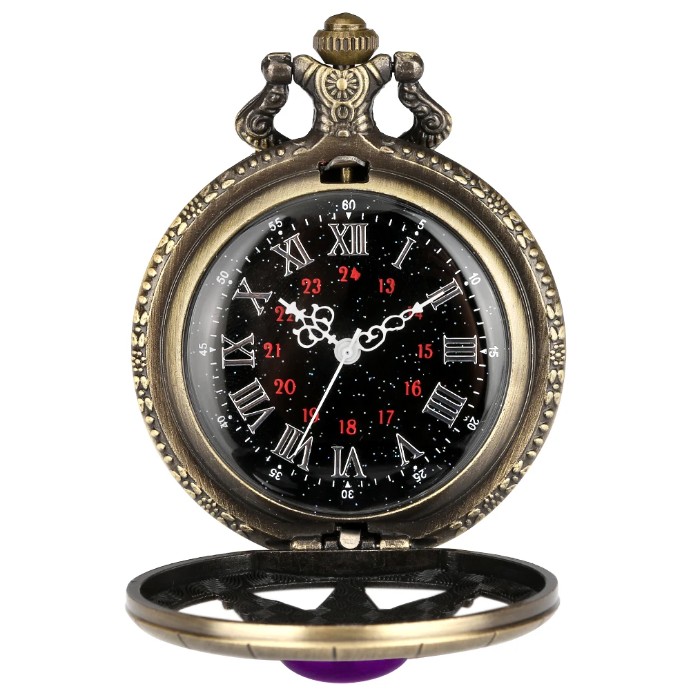 Hollow Bronze Metal Roman Numerals Starry Dial Vintage Pocket Chain Watch For Gift Fob Chain Necklace Pendant Pocket Timepiece