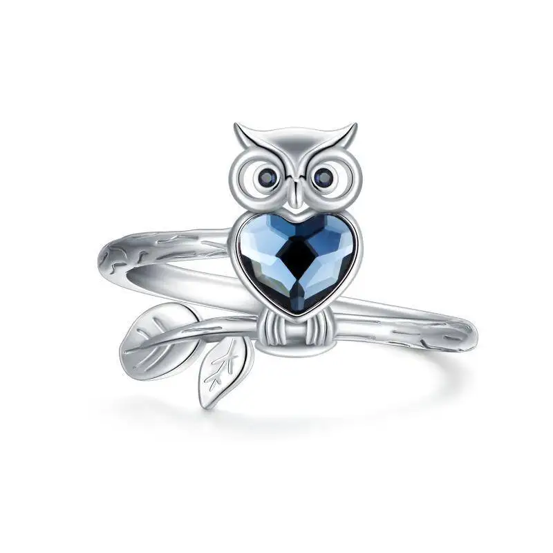 Heart Blue Crystal With Animal Owl 925 Sterling Silver Ring For Women