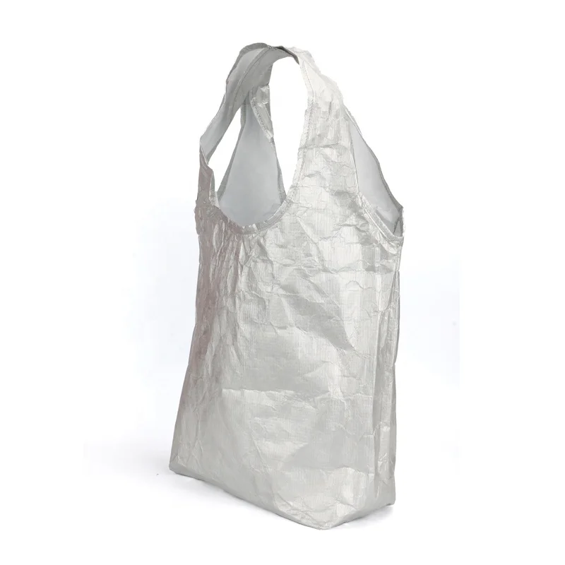 New simple washable tyvek paper handbag lightweight silver tyvek grocery shopping bag coated soft tyvek tote bag