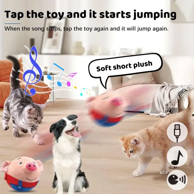 Hot Selling Rechargeable USB Cartoon Pig Electronic Interactive Dog Toy Pet Bouncing Balls Active Moving Plush Dog Squeaky Toy