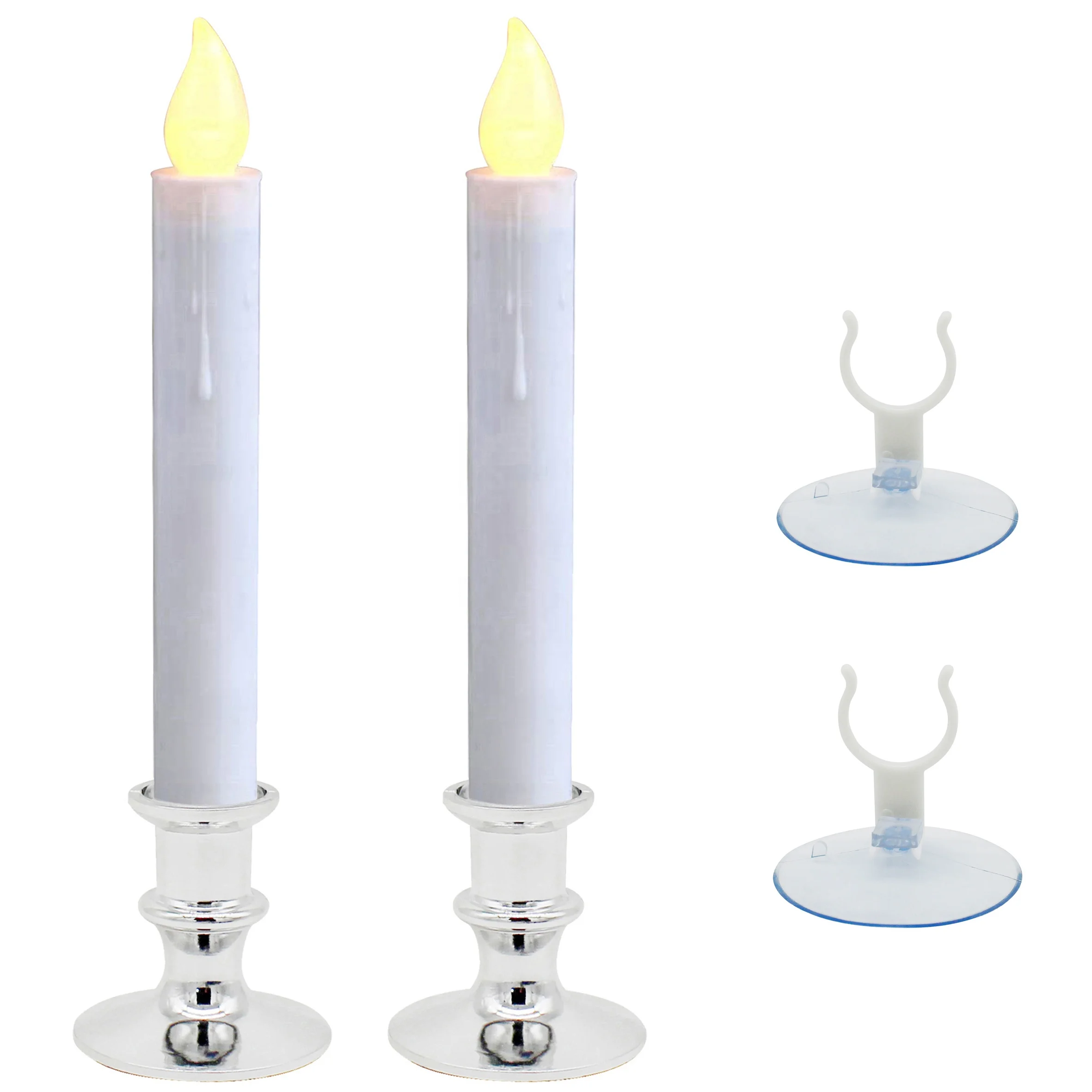 CVHOMEDECO. Window Candles with Suction Cups, Battery Operated LED Taper, Auto On/Off, Removable Silver Base,Warm Orange(2 Pack)