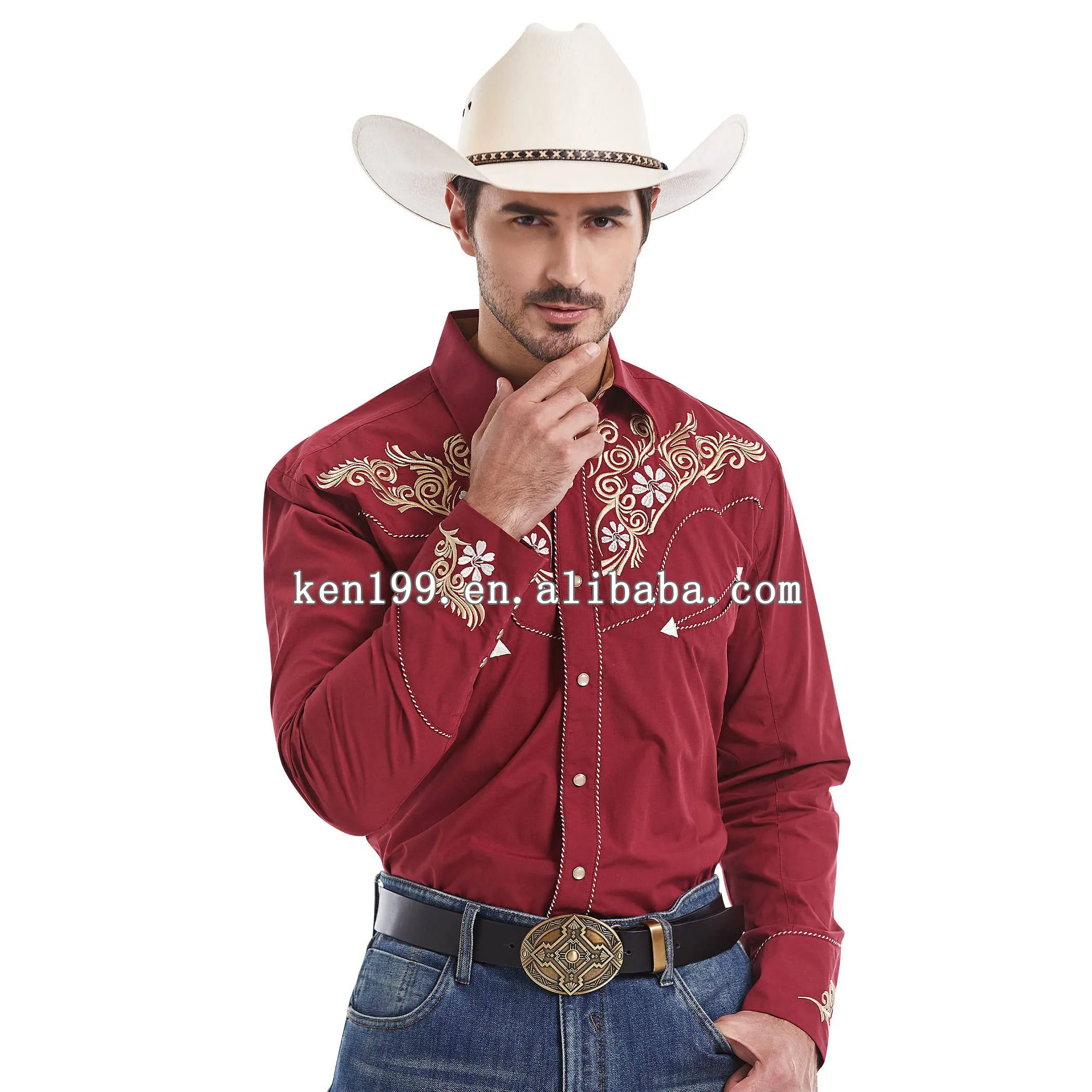 Mens Mandarin Collar American Western Casual Mexican Long Sleeve Collarless Golden Piping Embroidered Cowboy Shirts