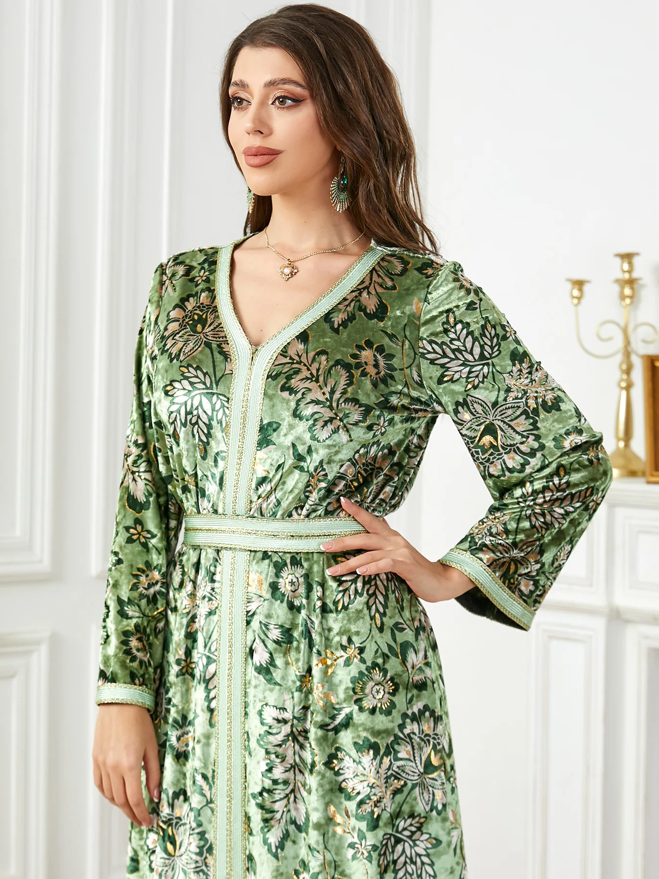 1719 Floral Velvet kaftan long dresses women Muslim Abayah traditional Arab Morocco ethnic Velvet dress Islamic clothing