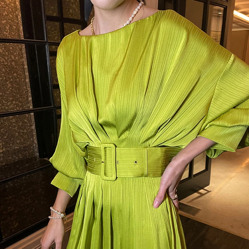 TWOTWINSTYLE Elegant Dress for Women Sashes Lace up Midi Dresses Female 2022 Fashion Clothing New Summer Casual Dresses Woven