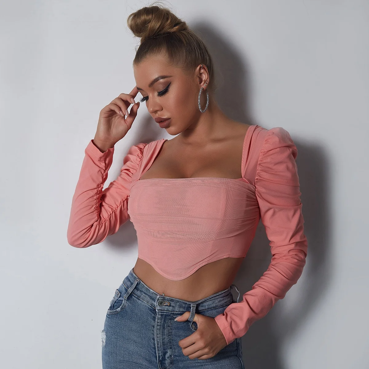 D&M Girls Pink Blouse Square Collar Bandage Ruched Long Sleeve Woman Blouse Crop Top Sexy Women Blouse Ladies Corset Tops