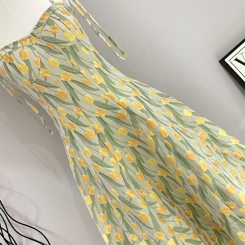 2023 Summer New Beach Skirt French Tulip Print Long Dress Vintage Fragmented Flower Strap Casual Dress