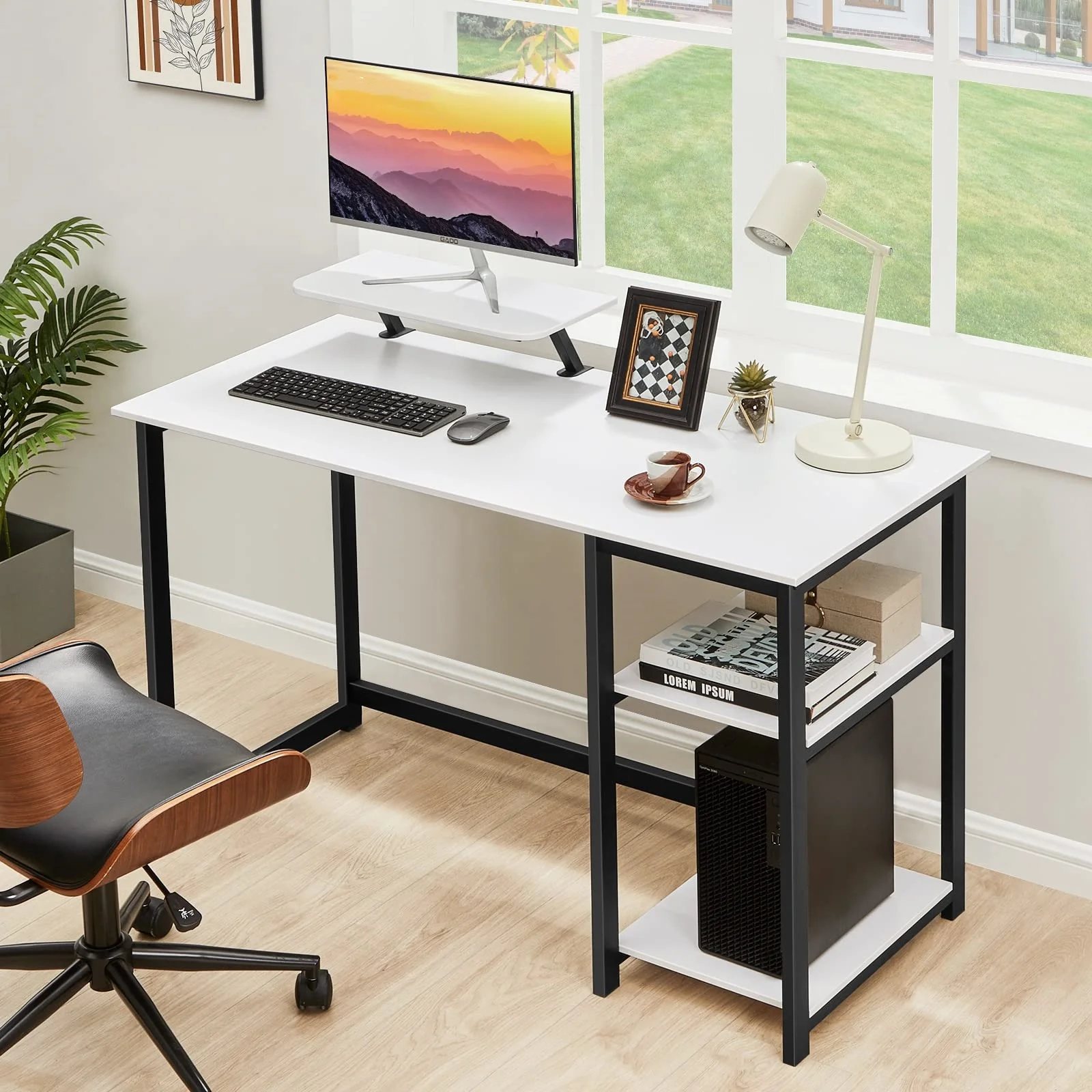 computer desk with monitor stand 47 inch home office desk with reversible storage shelves for home office
