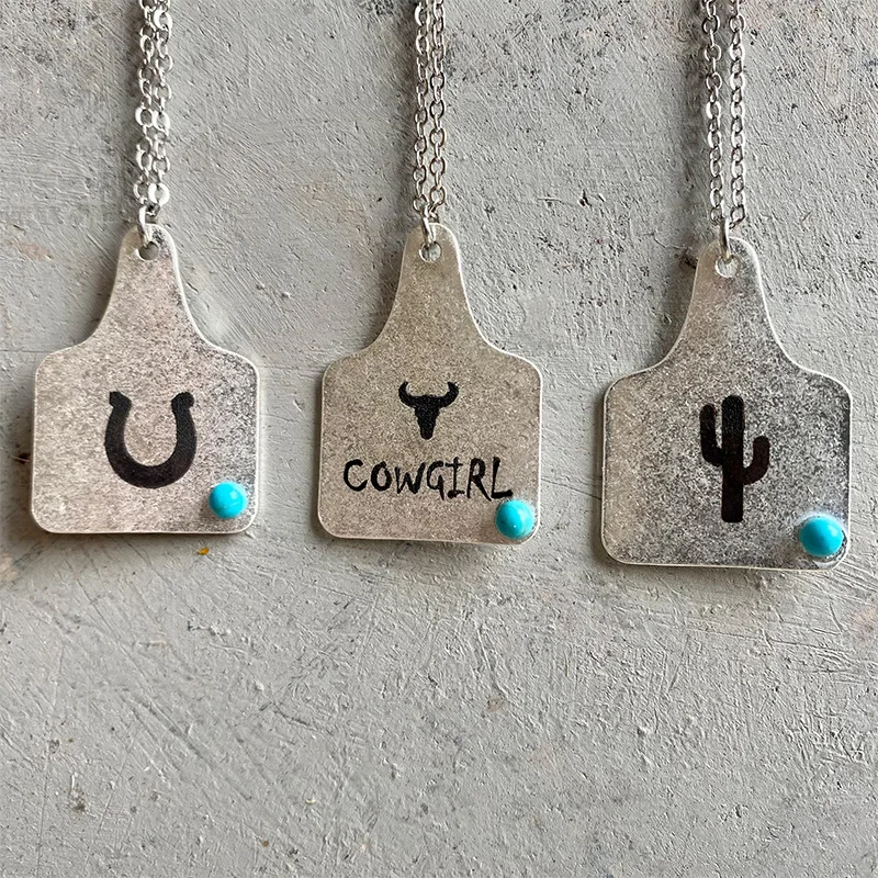 Western Cowboy Cowgirl Jewelry Buffalo Cactus Horseshoe Engraved Cow Tag Pendant Necklace With Turquoise
