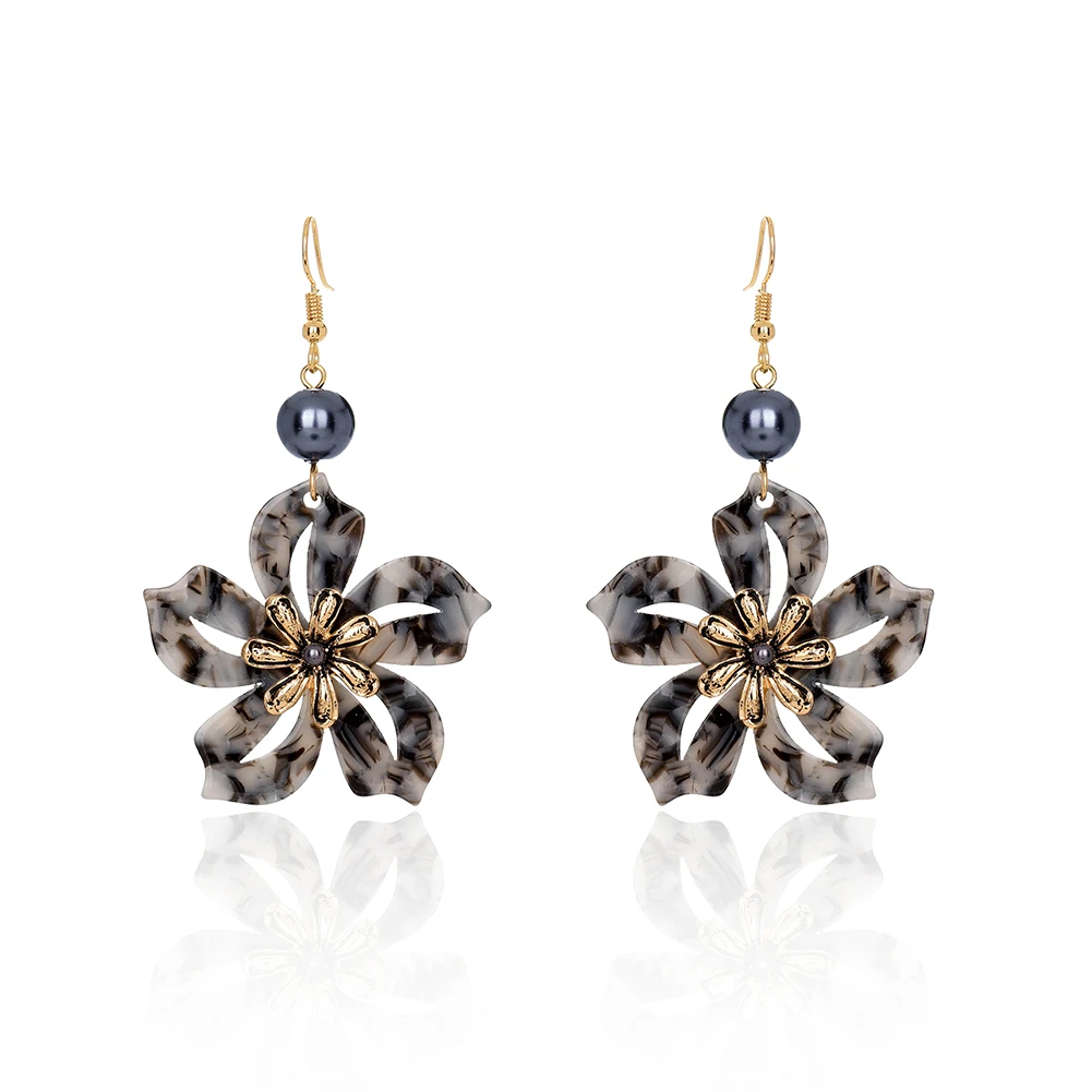 SophiaXuan Holiday Acrylic Earrings Pearl Dangling Gold Plated Leaf Pendant Hawaiian Earrings